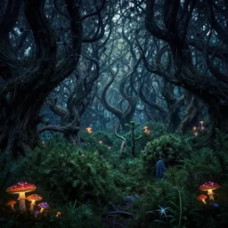 enchanted magical fantasy forest, twisting trees, thick bushes, spike - like branches, colorful glowing mushroom scattered, dark atmosphere, by andreas rocha and stephan martiniere