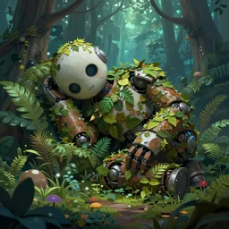 giant sleeping robot, covered by leaves and plants, in a magical forest  with volumetric lighting, matte painting, greg rutkowski, artstation, 4k