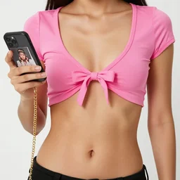 a woman with defined abs wearing a short pink top, with a bow tie in the middle, holding a cell phone with a gold chain is holding a phone in her right hand, a picture by isabel naftel, instagram, superflat, sensual, colorful