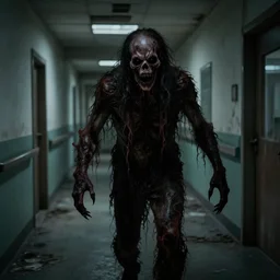 a scary and grotesque monster lurking in an abandoned hospital hallway, grotesque, scary, dark, low lighting.