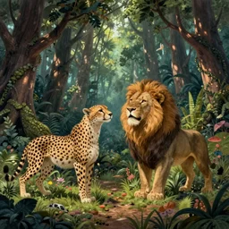cheetah and lion celebrating in fairytale forest , huge scale, high detail, intricate by James Jean and and Hayao Miyazaki