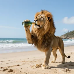 photo of an anthropomorphic realistic lion drinking champagne at the beach, wide angle, highly - detailed realistic