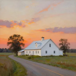 a beautiful oil painting of a white farmhouse on a lonely country road at sunset