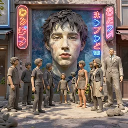 people made of plastic and clay, 3 d, exterior street, neon japanese advertisements, portrait face, dappled light, in the style of matt murphy, jeremy enecio, miles johnston, monet, cynical realism, john william godward, yoshitaka amano, miles johnston, louise zhang, matt murphy, enes dirig, pekka halonen, finnish naturalism, realism