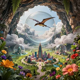 a ultra - realistic massive volume cave : 5, ; bright coloured natural flowers and ferns : 1 ; miniature futuristic city : 3 ; open plains : 2, mysterious clouds : 2, highly symmetrical, a pterodactyl flying in a huge perfect glass sphere, octane render hd, 4 k, ultra - realistic, in unreal engine, trending on artstation, concept art