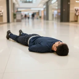 man lying face - flat on the floor in the mall