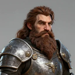 head portrait, 4 0 years old man, full brown beard, stocky brown hair, fantasy dwarf, decorated medieval metal armour, high detail, digital art, rpg, concept art