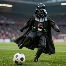 a game of soccer with darth vader kicking the ball, highly detailed, extremely high quality, hd, 4 k, 8 k, canon 3 0 0 mm, professional photographer, 4 0 mp, lifelike, top - rated, award winning, realistic, detailed lighting, detailed shadows, sharp, no blur, edited, corrected, trending