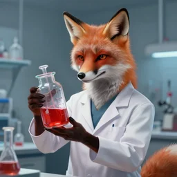 a humanoid fox wearing scientist's clothes holding a red chemical inside a jar, digital painting, masterpiece, digital art, high quality, highly detailed, concept art, trending on deviantart, high coherence, anatomically correct, five fingers, cinematic, high definition, path traced, laboratory background
