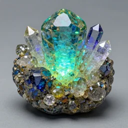 a painterly stylized!! glowing moldavite mixed with bismuth crystal!! by james gilleard