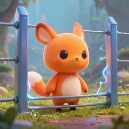 orange cute spirit axie pet behind electric fence, electricity, fantasy, style artstation, style greg rutkowsk, octane render, unreal engine 6, epic game graphics, fantasy, conceptual art, ray tracing