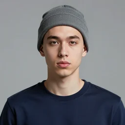 A bald young british man with semi big lips wearing a grey beanie, in a dark blue long sleeve shirt, 4k resolution, 8k resolution, HD Quality, highly detailed, very detailed, detailed, studio quality lighting, digital art, trending on artstation, front face, front view