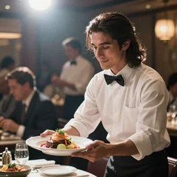 attractive male waiter ( with very long dark hair ) delivering a plate of delicious food in a busy restaurant, wholesome portrait, blurry background, bloom, dramatic lighting, in the style of studio ghibli, j. c. leyendecker, greg rutkowski, artgerm