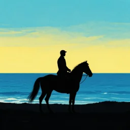 a beautiful artwork illustration, silhouette of a man on a horse looking towards the ocean in the distance, high contrast, high saturation, by Greg Rutkowski and Jesper Ejsing and Raymond Swanland, featured on artstation, wide angle, vertical orientation