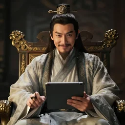 a photo of tai smart and handsome warlord who sits on the throne. he looks forward and think of writing something on his tablet in his hand. he is smiling with his ideas and look to the camera that is right in front of him. lighting dim