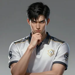 a highly detailed illustration of fierce short black haired young half white half asian man wearing polo shirt, dramatic thinking pose, intricate, elegant, highly detailed, centered, digital painting, artstation, concept art, smooth, sharp focus, league of legends concept art, WLOP