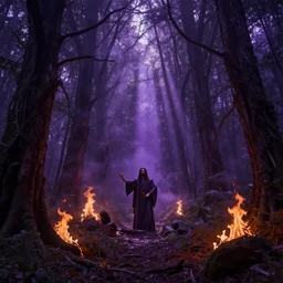 the god of nature having a ritual in a mysterious and lush burning forest, dark fantasy, wide shot, purple hue, realistic lighting, sunshaft