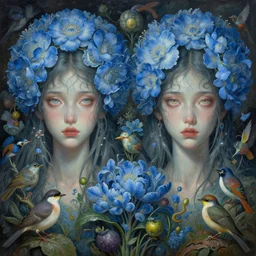 breathtaking detailed concept art painting pattern of two goddess of light blue flowers by hsiao - ron cheng with anxious piercing eyes and flowers and fruits and birds by beto val and john james audubon, bizarre compositions, exquisite detail, extremely moody lighting, 8 k