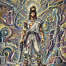 jesus anime style standing in front of hell and heaven with a gun , badass, mega detailed, volumetric lighting, golden hour, sharp focus, ultra detailed