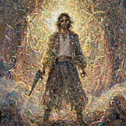 jesus anime style standing in front of hell and heaven with a gun , badass, mega detailed, volumetric lighting, golden hour, sharp focus, ultra detailed