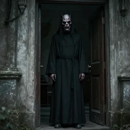 creepy bat-faced priest standing in doorway, 4k, high detail, octane render, grimdark setting
