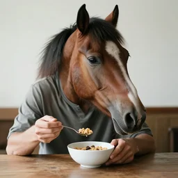 a man with horse head sitting at a table eating cereal