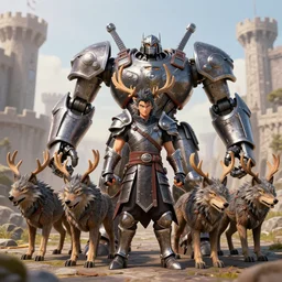warforged druid male anime character, wolf armor, wolf pack, a pack of wolves, wooden antlers, made of wood, made of metal, large robot, wolves, knight, medieval castle, wolf pack following, 3 d render beeple, realistic detailed octane render, pop up parade figure