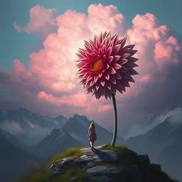 giant dahlia flower on face, girl walking on mountain, surreal photography, pink storm clouds, dramatic light, impressionist painting, digital painting, artstation, simon stalenhag