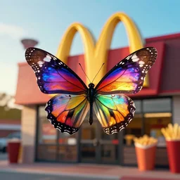 a colorful butterfly at mcdonald's, golden hour, cool, colorful, chroma, everdimensional, fast food