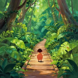 deep jungle walkway, cute, illustration, digital art, inspired by atey ghailan, by disney, by anime, sharp, gouache painting masterpiece, highly detailed, photorealistic, octane render, 8 k, unreal engine 5, trending on artstation, vivid colors -