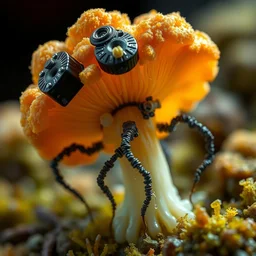 macro photography of a tiny biomechanical tremella - fuciformis!!!!! robot!!!, mechanical enhancements, fungipunk, hostile, otherworldly, powerful, cyberpunk, epic, cinematic