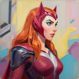 greg manchess portrait painting of scarlet witch as overwatch character, medium shot, asymmetrical, profile picture, organic painting, sunny day, matte painting, bold shapes, hard edges, street art, trending on artstation, by huang guangjian and gil elvgren and sachin teng