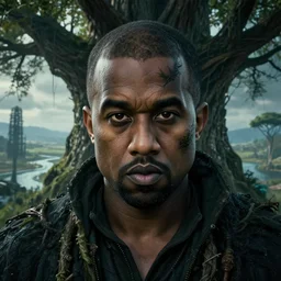 an ultra realistic, cinematic, headshot portrait, of an evil tree wizard, kanye west, fantasy, elden ring, branches, facial features, background of a vast serene landscape, with trees and rivers, detailed, deep focus, movie still, dramatic lighting, ray tracing, by michal karcz and yoshitaka amano