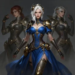 a highly detailed illustration of white haired steampunk woman wearing blue dress, dramatic pose, art by artgerm and greg rutowski and ilya kuvshinov, intricate, elegant, highly detailed, centered, digital painting, artstation, concept art, smooth, sharp focus, league of legends concept art, wlop.
