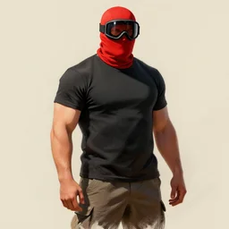 colored sketch of a short stocky buff guy in a plain black t - shirt and cargo shorts, wearing a red ski mask over his entire face, black ski goggles, detailed, dramatic lighting, by ethan van sciver, artstation