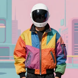 model in plastic space mask wearing baggy colorful 9 0 s rick owens jacket by frank frazetta. sci fi book cover. pastel brutalist background.