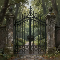 beautiful digital painting high quality heavy iron gothic gate in the woods cobblestone ground by Lisa Frank, ,artstation behance