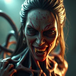 angelina jolie as a monster designed by hr giger, colorful horror video game, sci fi horror, body horror, unreal engine, octane render, depth of field, cycles render, hd