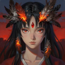 breathtaking detailed painting of mononoke princess, by ayami kojima and brom, bloody twilight, detailed realistyc symmetrical facial features, amalgamation of embers and feathers, 8 k, concept art, matte, sharp focus, rembrandt style
