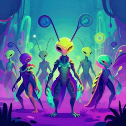 illustration of a race of reptilian - esque aliens, in neon colors. the aliens have large antenna - like protrusions from their head.