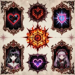 spiked bloodmoon goregrind sigil stars draincore, baroque bedazzled gothic royalty frames surrounding a hellfire hexed witchcore aesthetic, dark vhs broken hearts, neon glyphs spiked pixelsort fairy kei decora doll by guro manga artist Shintaro Kago