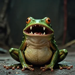 an anthropomorphic frog with a mouth full of sharp teeth laughing maniacally, a satanic ritual, by Brian Froud and John Carpenter, movie still directed by Ridley Scott and cinematography by Roger Deakins