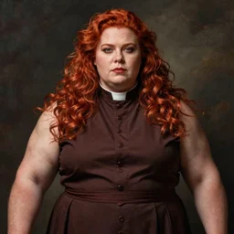 symmetrical portrait of a muscular overweight redheaded woman in clerical vestments, iconic character art by Wayne Reynolds for Paizo Pathfinder RPG