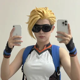tracer from overwatch wearing googles smartphone selfie