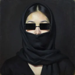hyperrealism oil painting, portrait fashion model with black rectangle on eyes, face is wrapped in a black scarf, s, dark background, in style of classicism mixed with 8 0 s japanese sci - fi books art