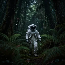 An astronaut promethus walking in an overgrown fern forest plants environment low cinematic lighting atmospheric realistic octane render highly detailed in the style of mullins a very dark and deep forest inside of tropical rain forest very dark spooky nightime lighting