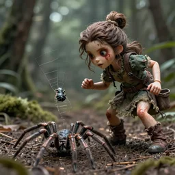 Liliputian woman fighting a wolf spider, realistic, horror movie