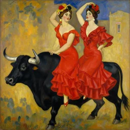 highly detailed painting of gemini goddesses wearing red flamenco dresses while they ride a black bull by tamara de lempicka