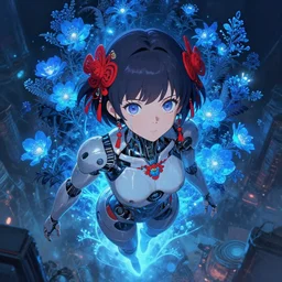detailed, sharp, dreaming humanoid female automata with big eyes wearing red chinese ornament surrounded by glowing blue flowers and flora floating above a dystopia by Ilya Kuvshinov and Anna Dittmann and studio ghibli and WLOP and Rossdraws, digital art, surreal, trending on artstation, anime arts, featured on Pixiv, blue lighting, HD, 8K, highly detailed, good lighting, beautiful, epic, masterpiece