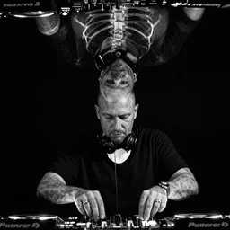 medium close shot photo of jeff mills djing, slightly inverted colors, slight x - ray, black background, rule of thirds, monochrome, low angle